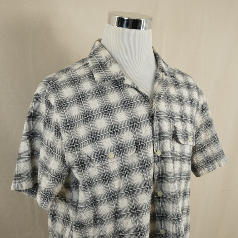 J.Crew Large Seersucker Lounge Shirt Black White Plaid Short Sleeve Casual Mens